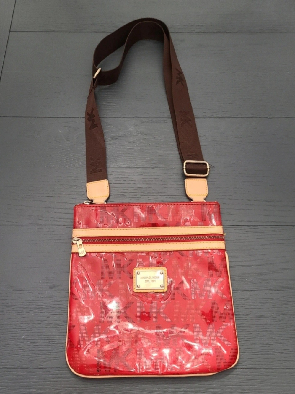 Michael Kors Red and Brown Crossbody with Logo Plaque